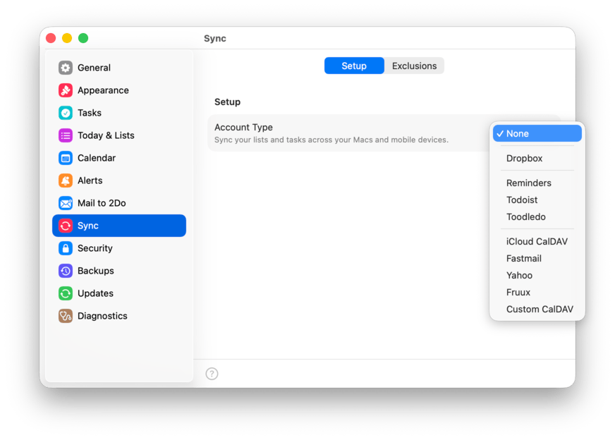 The Sync settings pane, Setup tab