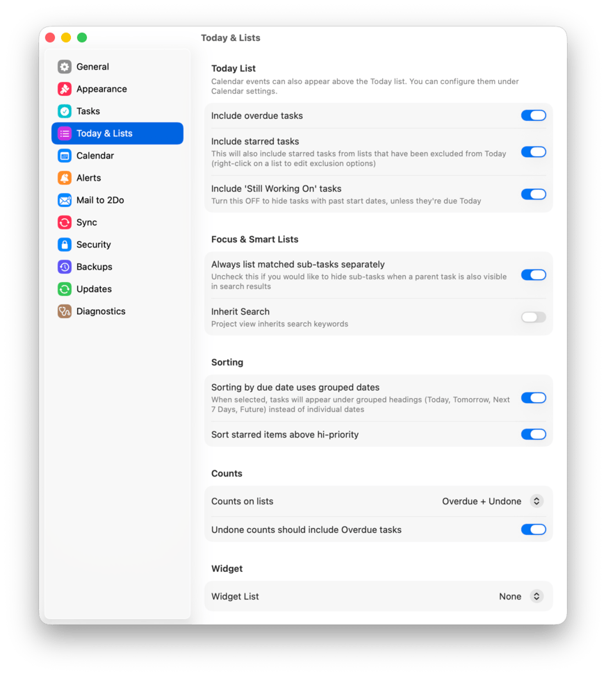 The Today & Lists settings pane