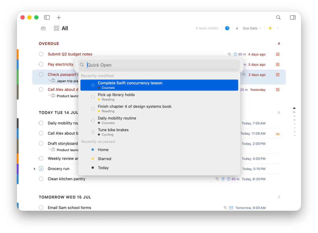 The Quick Open overlay showing recent tasks and matched lists