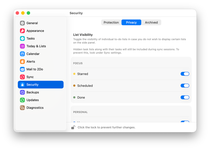 The Security settings pane, Privacy tab