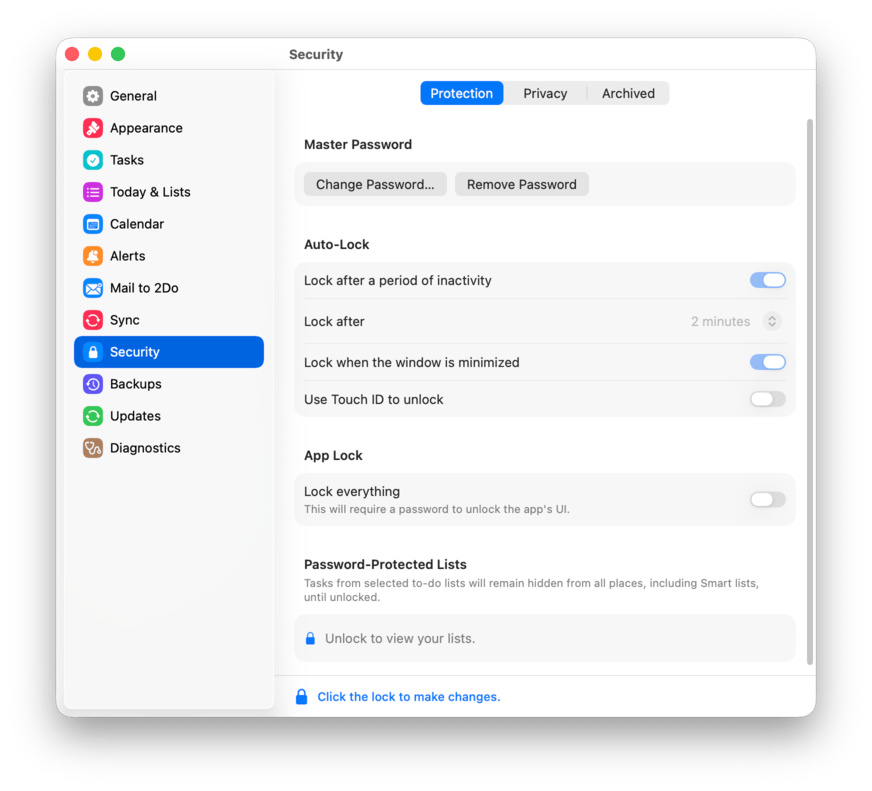 The Security settings pane, Protection tab
