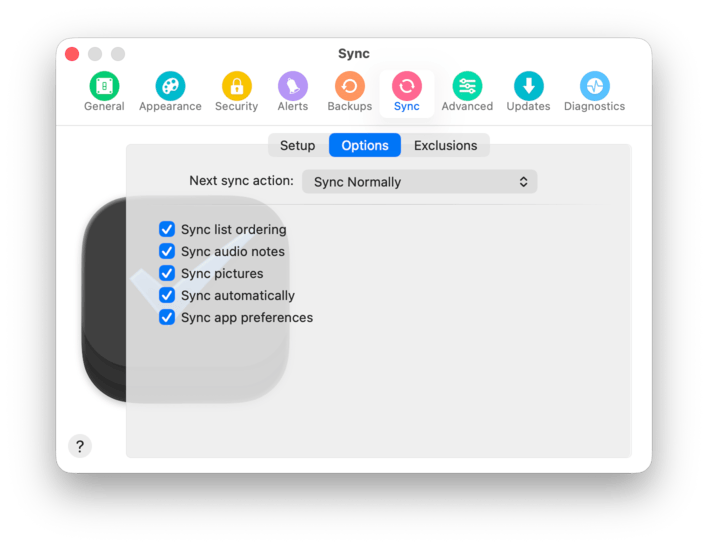 Sync options settings