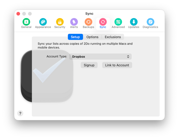 Sync setup settings