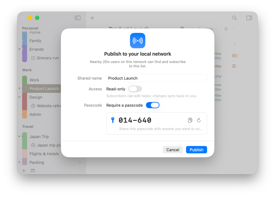 Publishing a list to the local network with a passcode