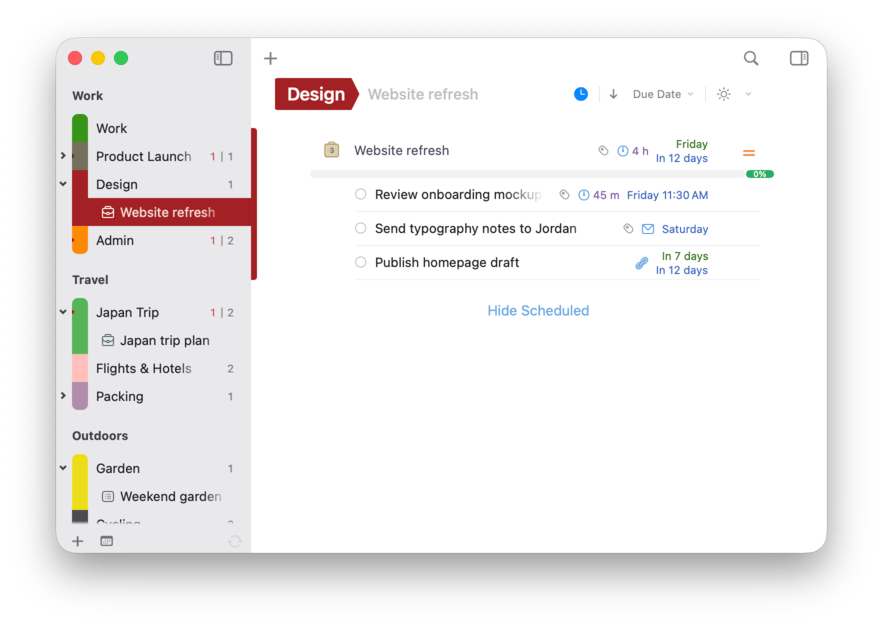A project expanded to reveal the tasks inside it