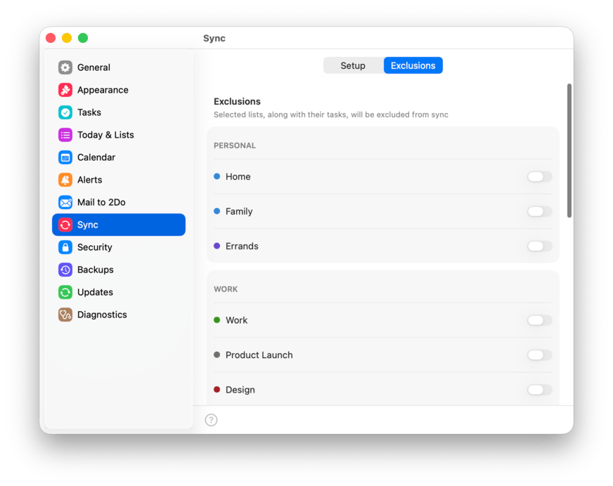 The Sync settings pane, Exclusions tab