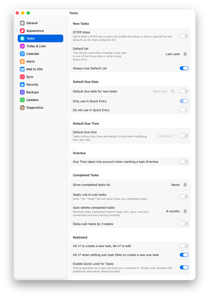 The Tasks settings pane