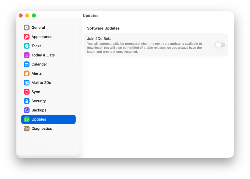 The Updates settings pane